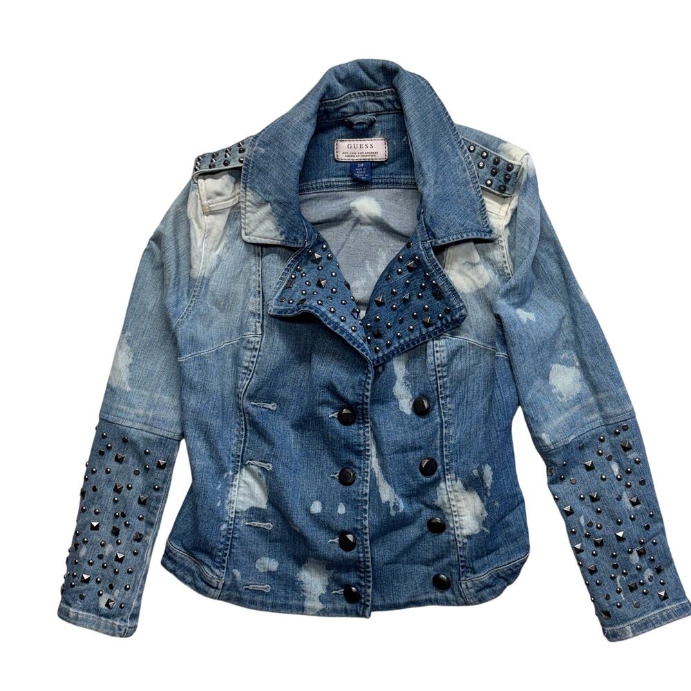 Vintage Guess Jean Jacket Small Womens Y2K Studded Bleached Double Breasted Punk
